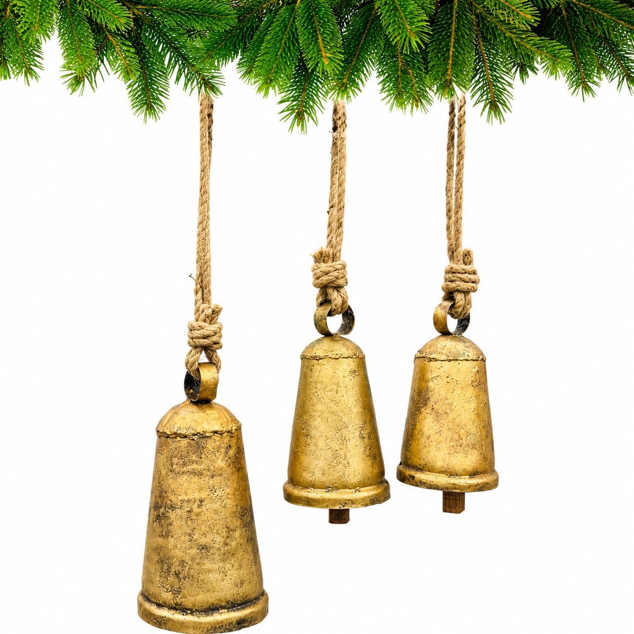 Brass Rustic Christmas Bell Metal Christmas Hanging Bells Vintage Decor with Jute Hanging Rope,Decorative Cow Bell, Ideal for Wedding,Christmas (Brass Cone Set of 3)