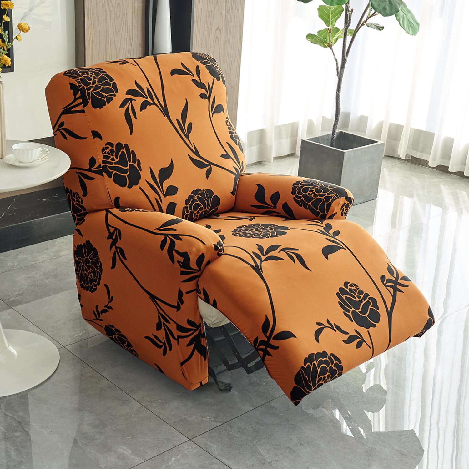 HOKIPO Polyester Blend 140Gsm Stretchable Recliner Sofa Cover 1 Seater, Copper Brown Floral (Ar-4940-C8)