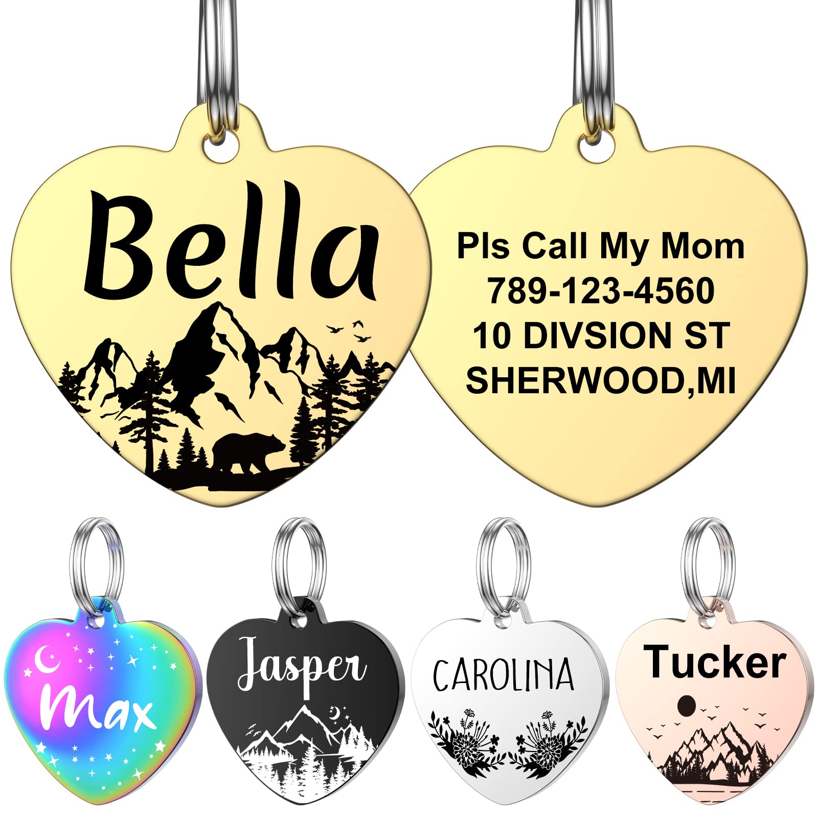 Pet ID Tags, YEHANTI Personalized Dog Tags and Cat Tags, Heart Shape Double Sided Engraved Dog Name Tag, Stainless Steel Pet Tags for Dogs and Cats, Custom Dog Tags with Various Designs, Gold