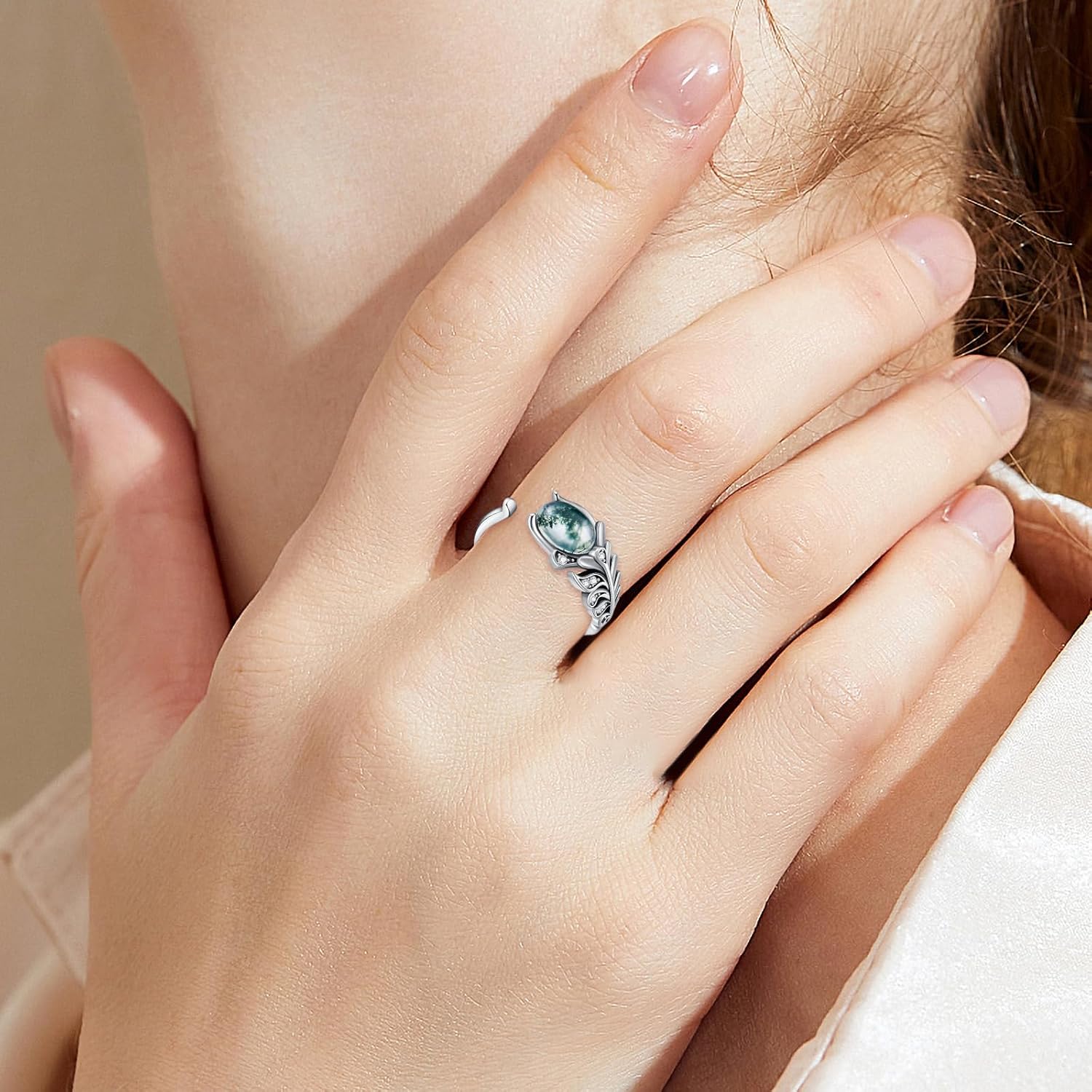 PROESS Moss Agate Ring for Women 925 Sterling Silver Feather Ring Engagement Promise Adjustable Rings Jewelry - Image 3