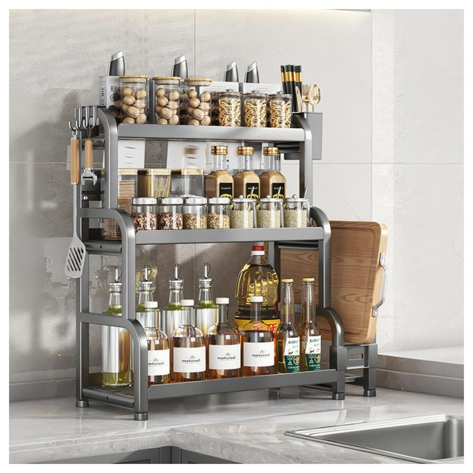 HADECOLL Tall Countertop Spice Rack Organizer, Carbon Steel Construction With Railing Design, For Cabinet Bathroom Pantry,Grey-3 Tier-50cm