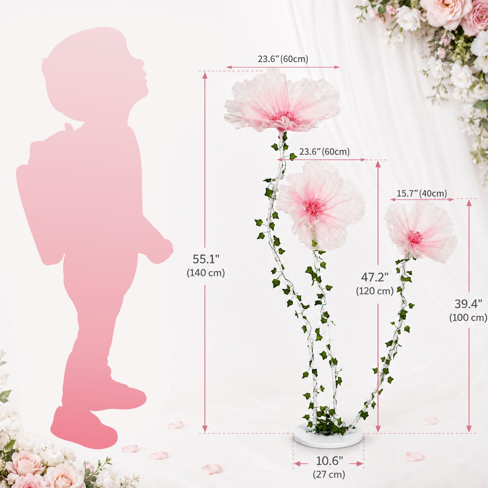 3 flores gigantes para decoración de bodas, flores artificiales con tallos y vid, flores falsas grandes decorativas para jardín, galería de arte, fiesta