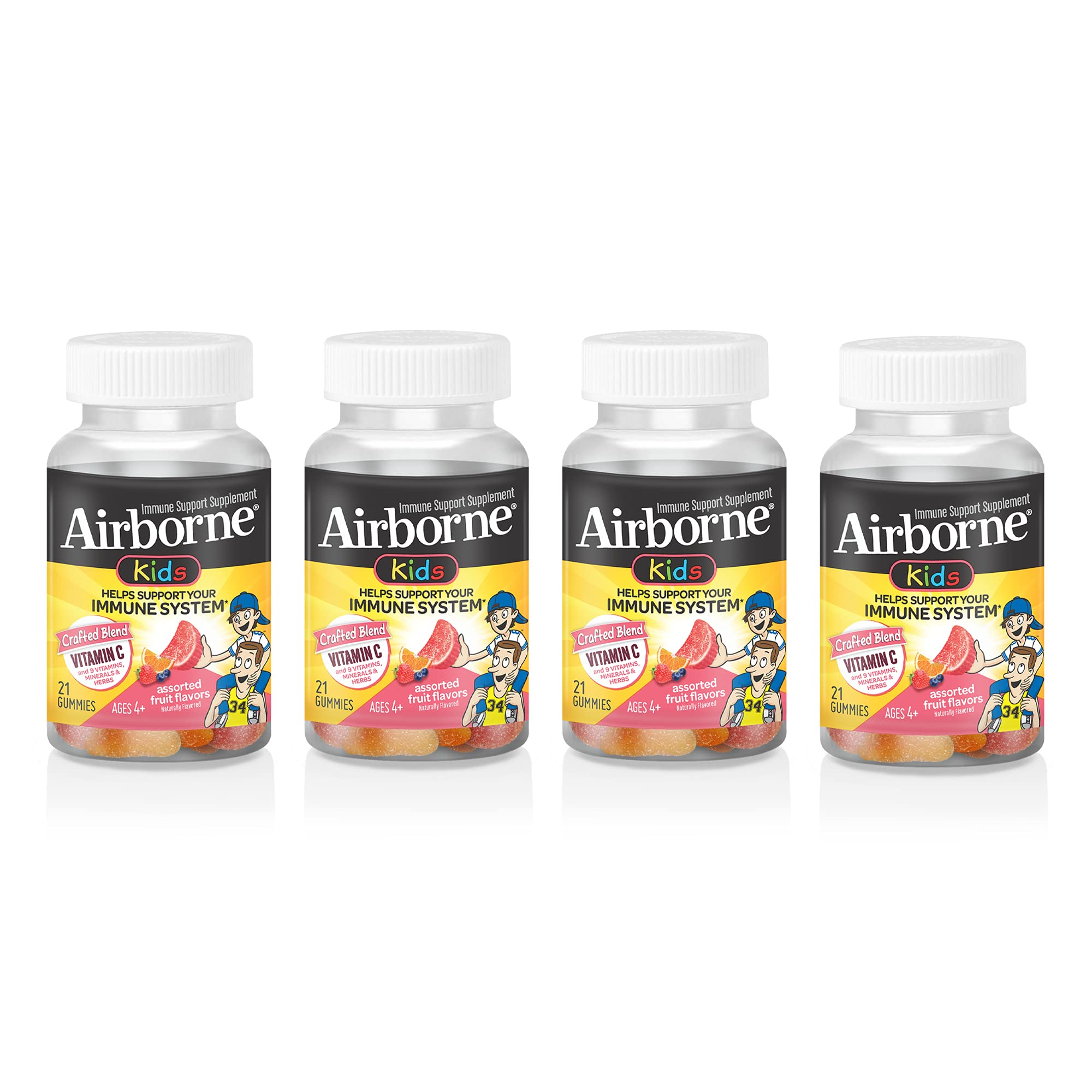 Airborne 500mg Vitamin C + Zinc Immune Support Supplement Gummies for Kids, Assorted Fruit Flavor, Gluten Free Crafted Blend with Powerful Antioxidants Vitamins C & E, 21 Gummies (4 Pack)