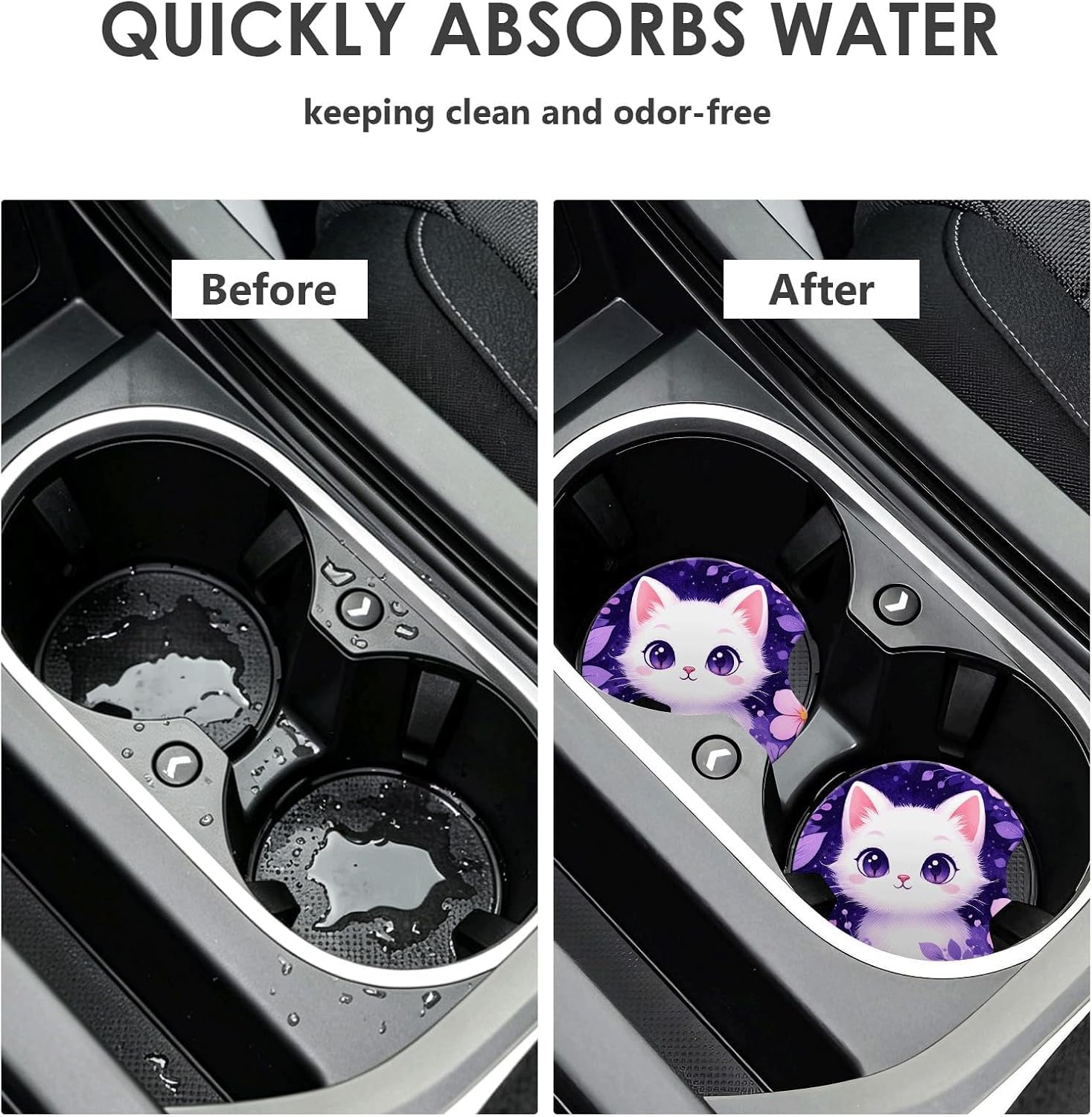 Lavender Kitty Car Coasters for Cup Holders 2-Pack 2.56 Inch image 3