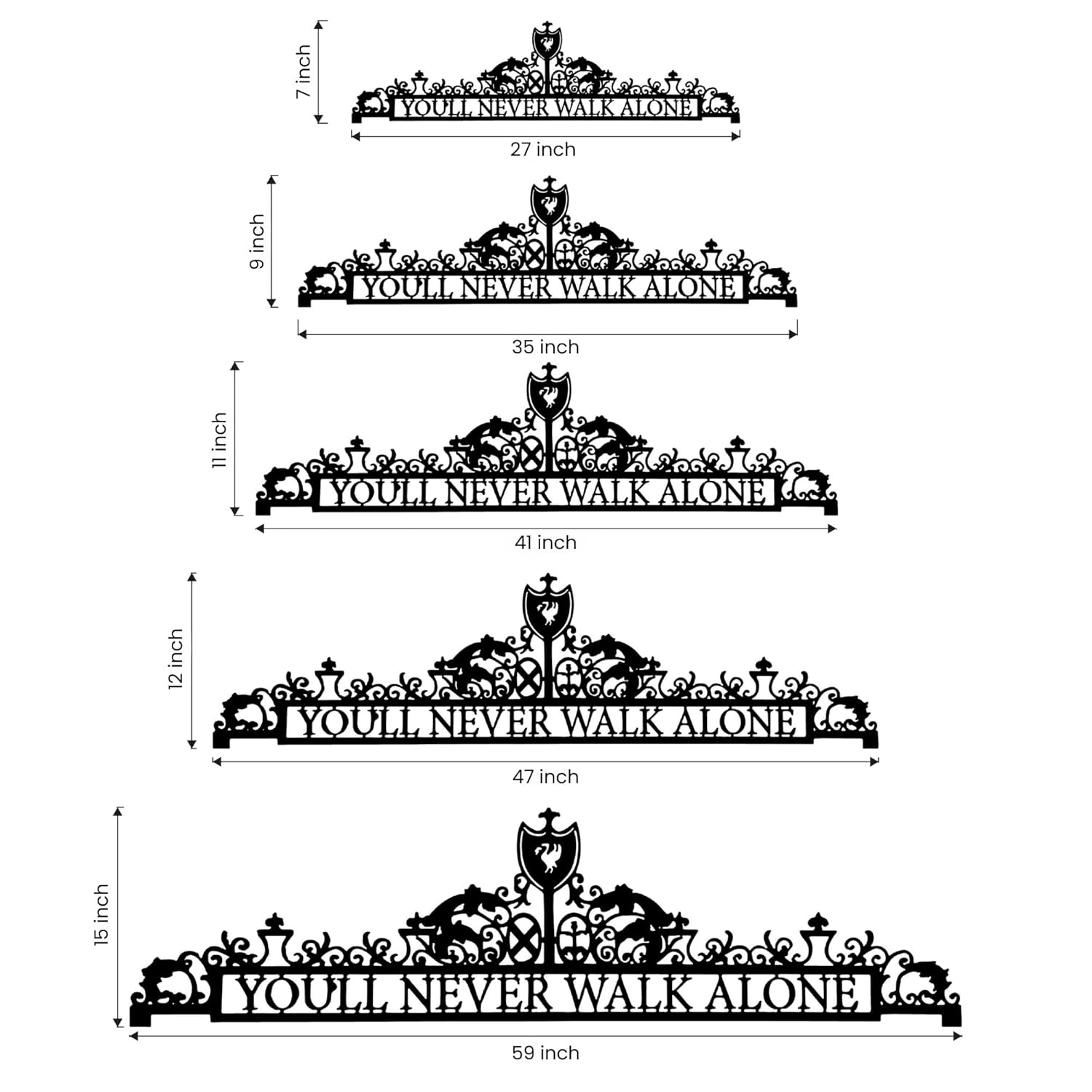 You'll Never Walk Alone Metal Wall Decor | 27'' x 7'' x 0.05'' Dimensions 1-Piece "''You'll Never Walk Alone"" Wall Art | Liverpool Fan Gift Metal Home and Office Decoration (7''H x 27''W, Black)