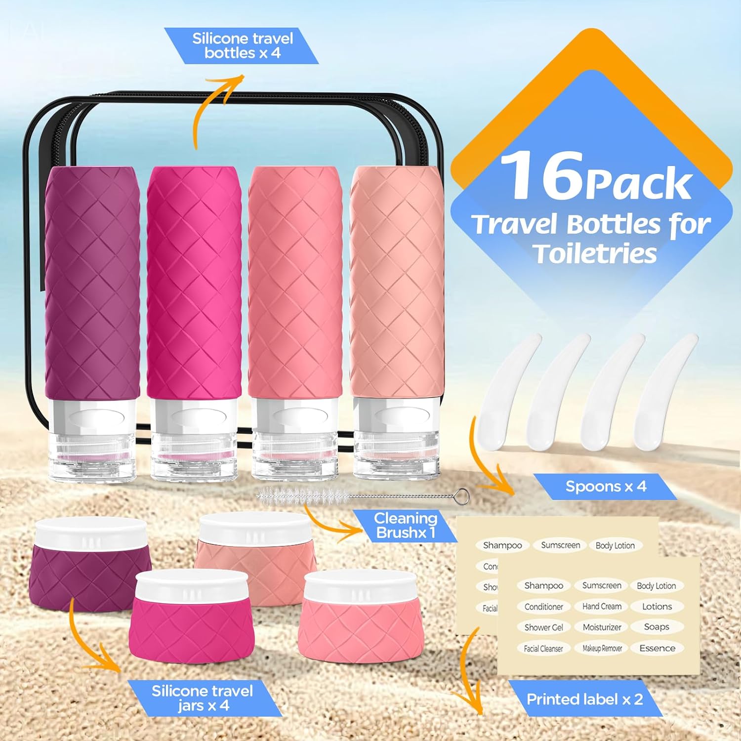 16 Pack Travel Bottles for Toiletries, TSA Approved Travel Size Toiletries Containers Set BPA-Free Silicone Leak Proof Refillable Bottles Stackable Creams Jars Accessories Kit W/Clear Bag Purplish Red - Image 3