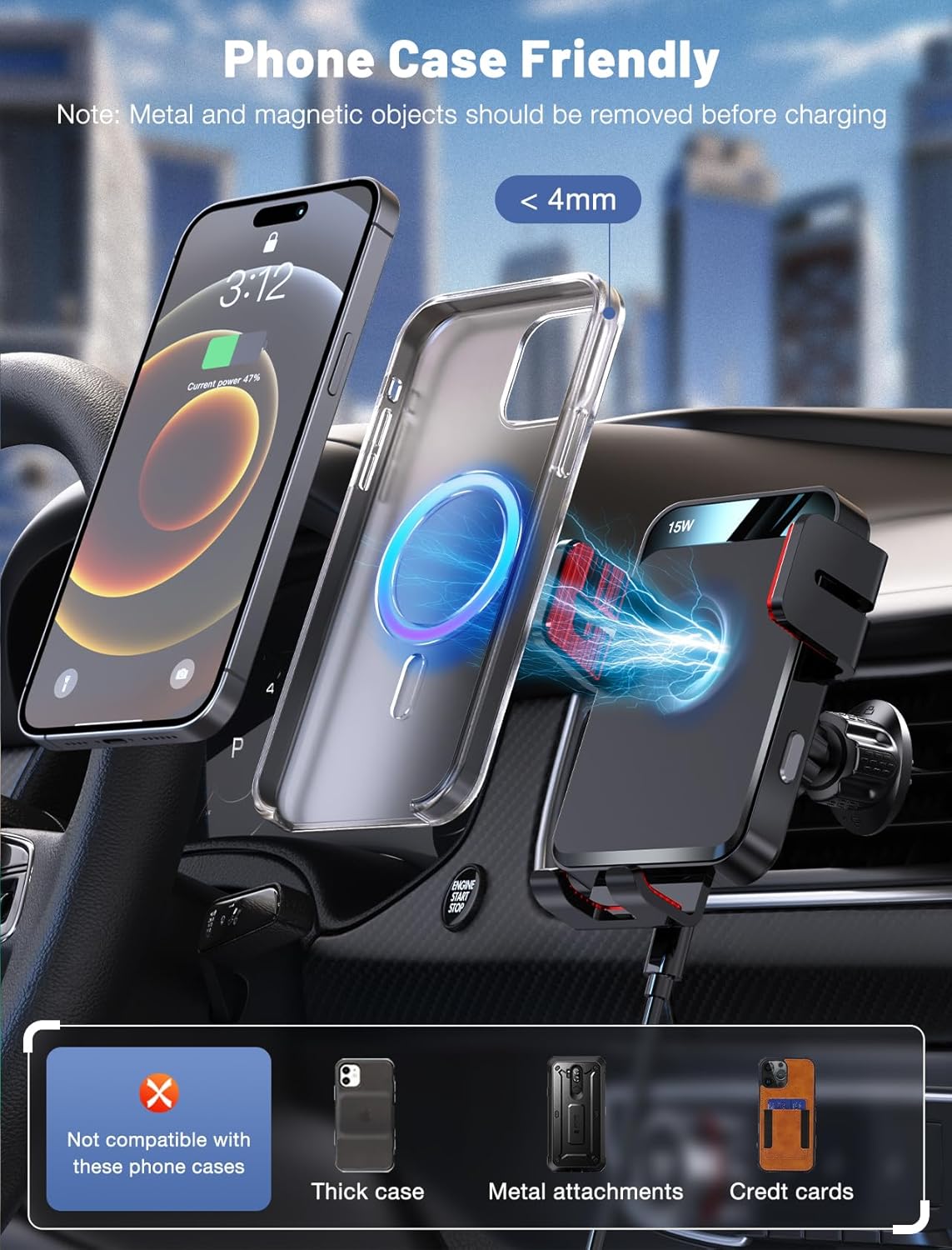 Image demonstrating the phone case friendly feature, showing compatibility with cases up to 4mm thick and advising against metal/magnetic objects.