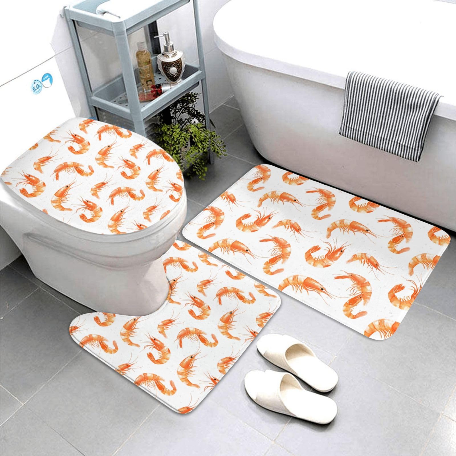 Tapis de bain crevettes lot de 3 avec contour U et couverture toilette
