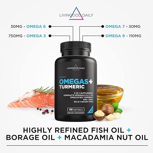Miniatura 8 de Livingood Daily Omegas + cúrcuma, 60 cápsulas blandas - (EPA y DHA) aceite de pescado omega 3-6-7-9 Plus curcumina de cúrcuma - La mejor combinación