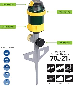 Melnor 65161AMZ Turbo Drive Rotary Sprinkler, Waters Up to 70 Ft. Diameter, 6 Spray Patterns, Adjustable 30 to 360 Coverage, Metal Spike Base, Quick Connect Bundle, Green, Yellow