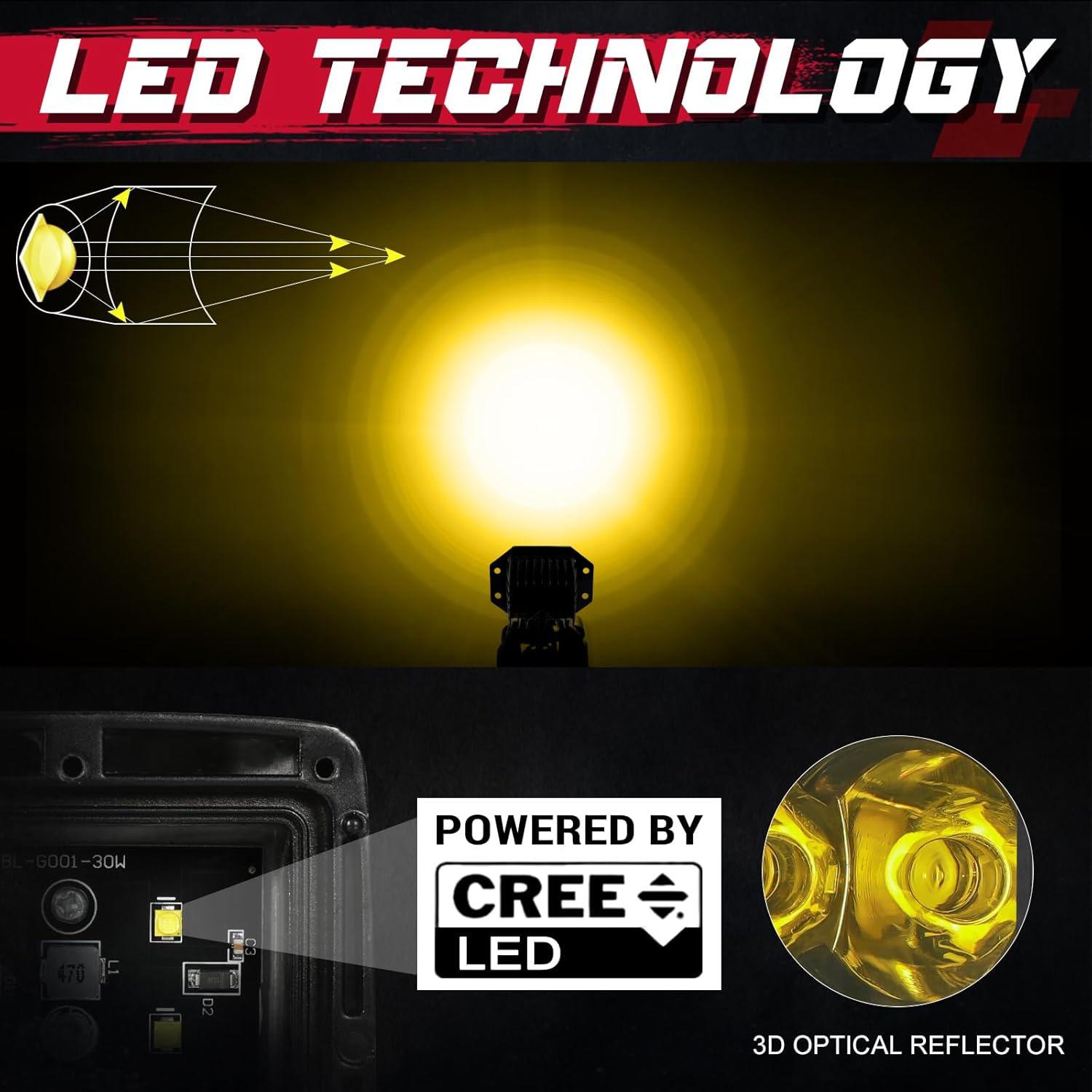 OFFROADTOWN Flush Mount Yellow LED Pods 5 Inch 120W CREE LED Spot Fog Lights Chase Light Amber Pod Lights Reverse Flush Mount Bumper Light Bars 2PCS for Truck Pickup ATV UTV SUV Golf Cart