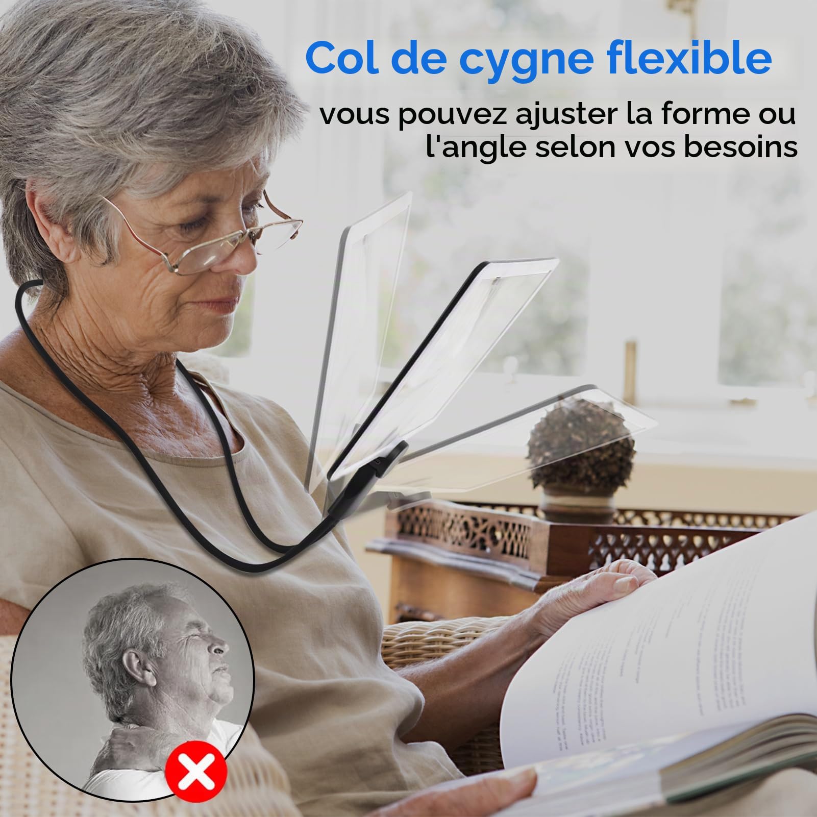 5X Grande Loupe de Lecture avec 50 Lumières LED, Rechargeable Lampe Loupe Mains Libres avec Col de Cygne Flexible, Lentille en Acrylique de 9,5 X 7 in, Parfaite pour Lecture, Réparations, Couture