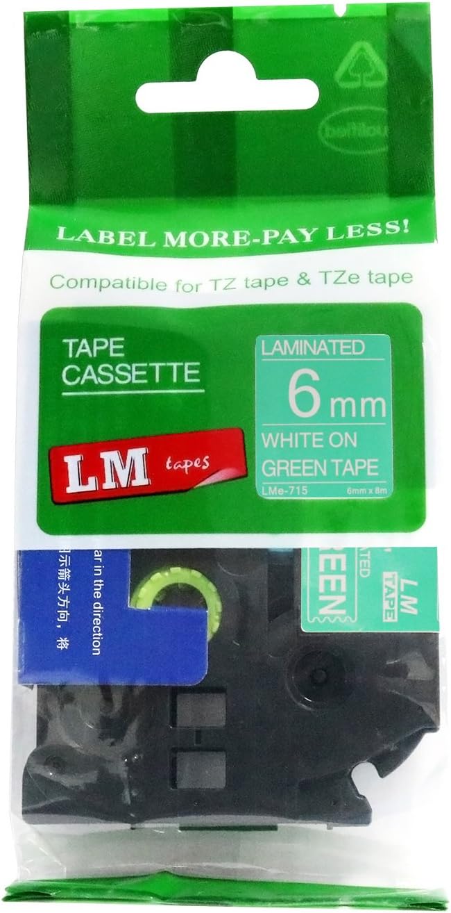 LM Tapes - Brother PT-1170S Label Printer 6mm White on Green Compatible TZe P-touch Tape (1/4" 0.23 Laminated) for Brother Model PT1170S Label Maker