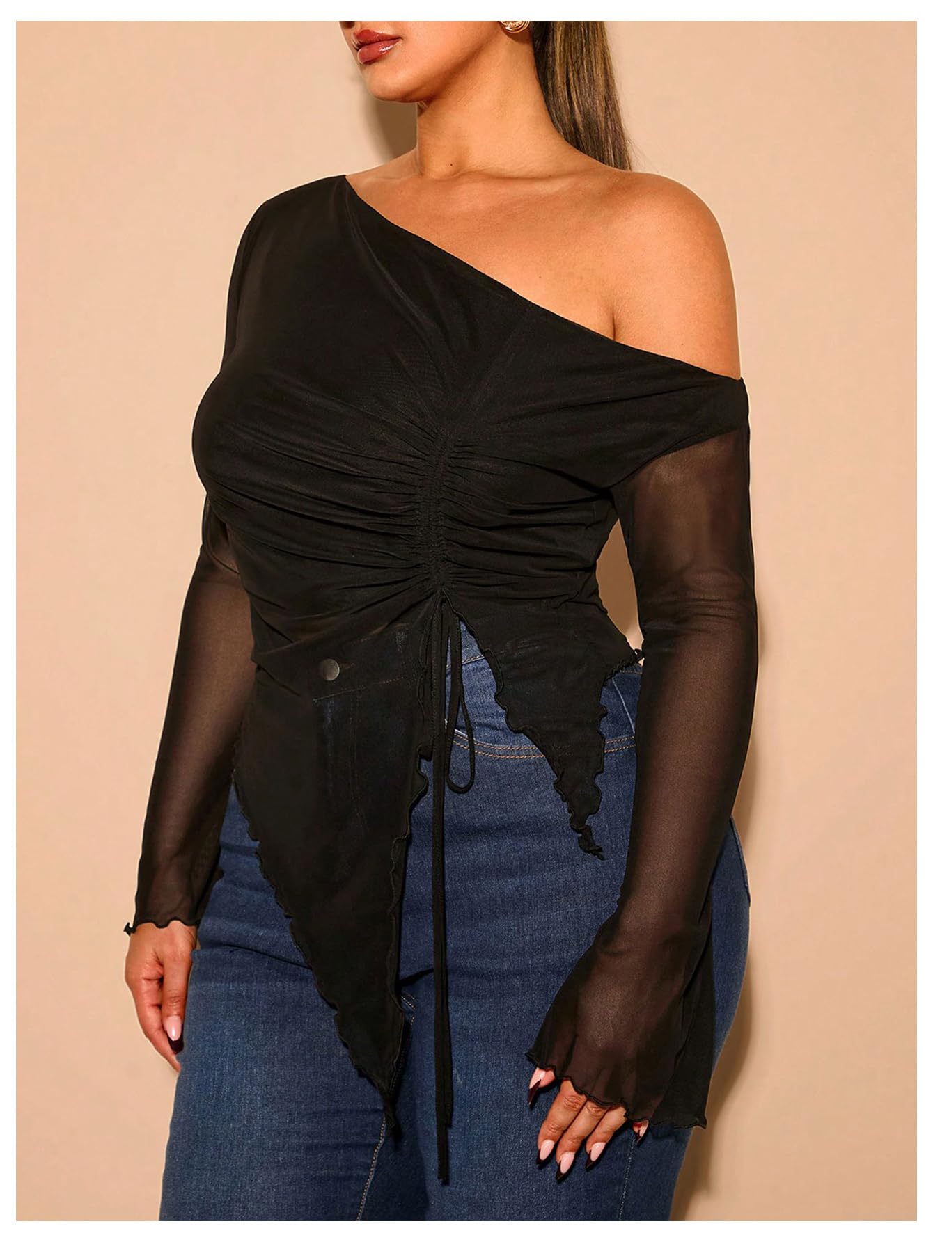 Women's Plus Size Sheer Mesh Off Shoulder Tops Long Sleeve Drawstring Asymmetrical Hem Ruched T Shirt