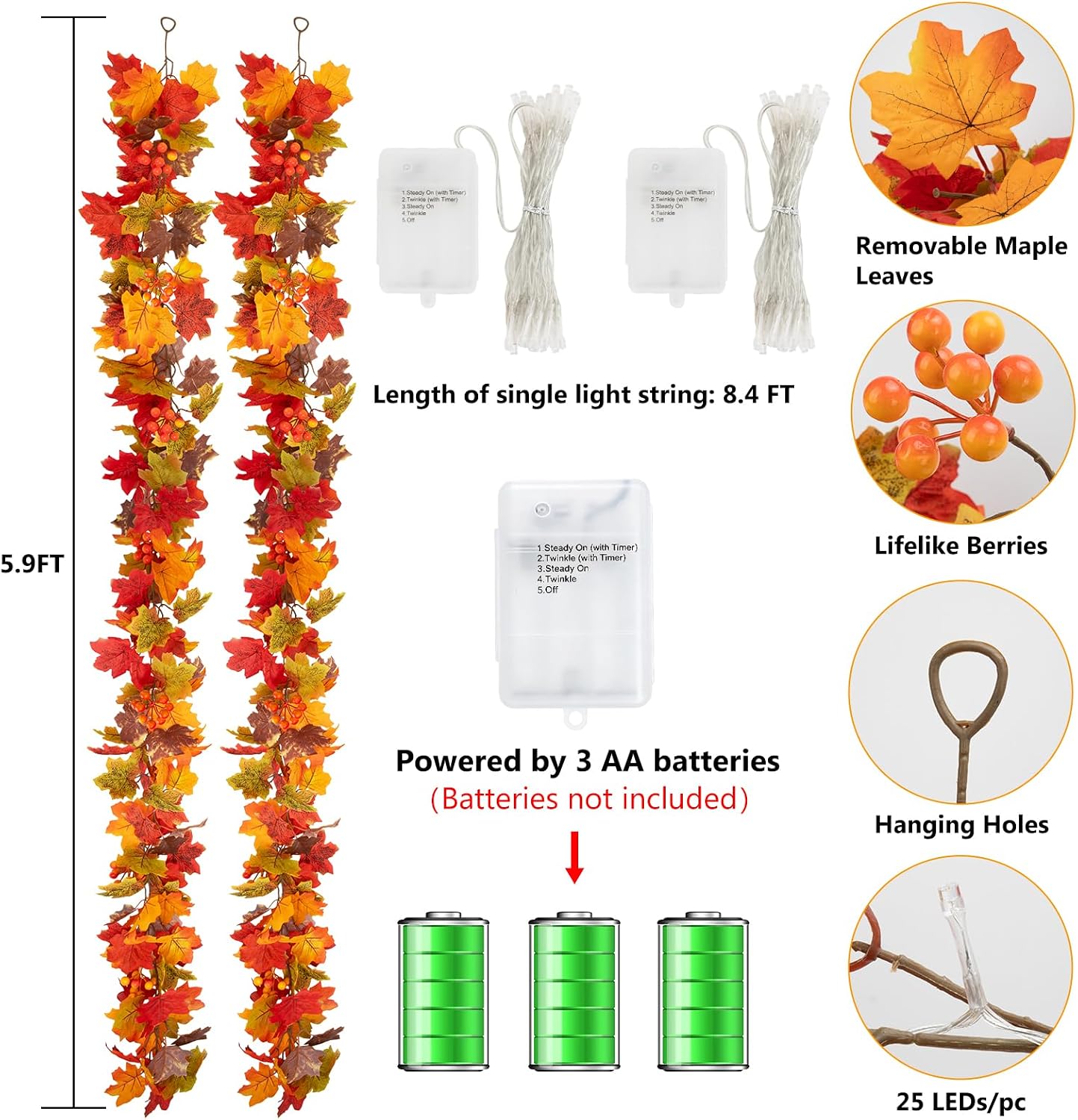 2 Pack Fall Garland with Lights, Total 11.8ft 50 LED Lighted Fall Garland