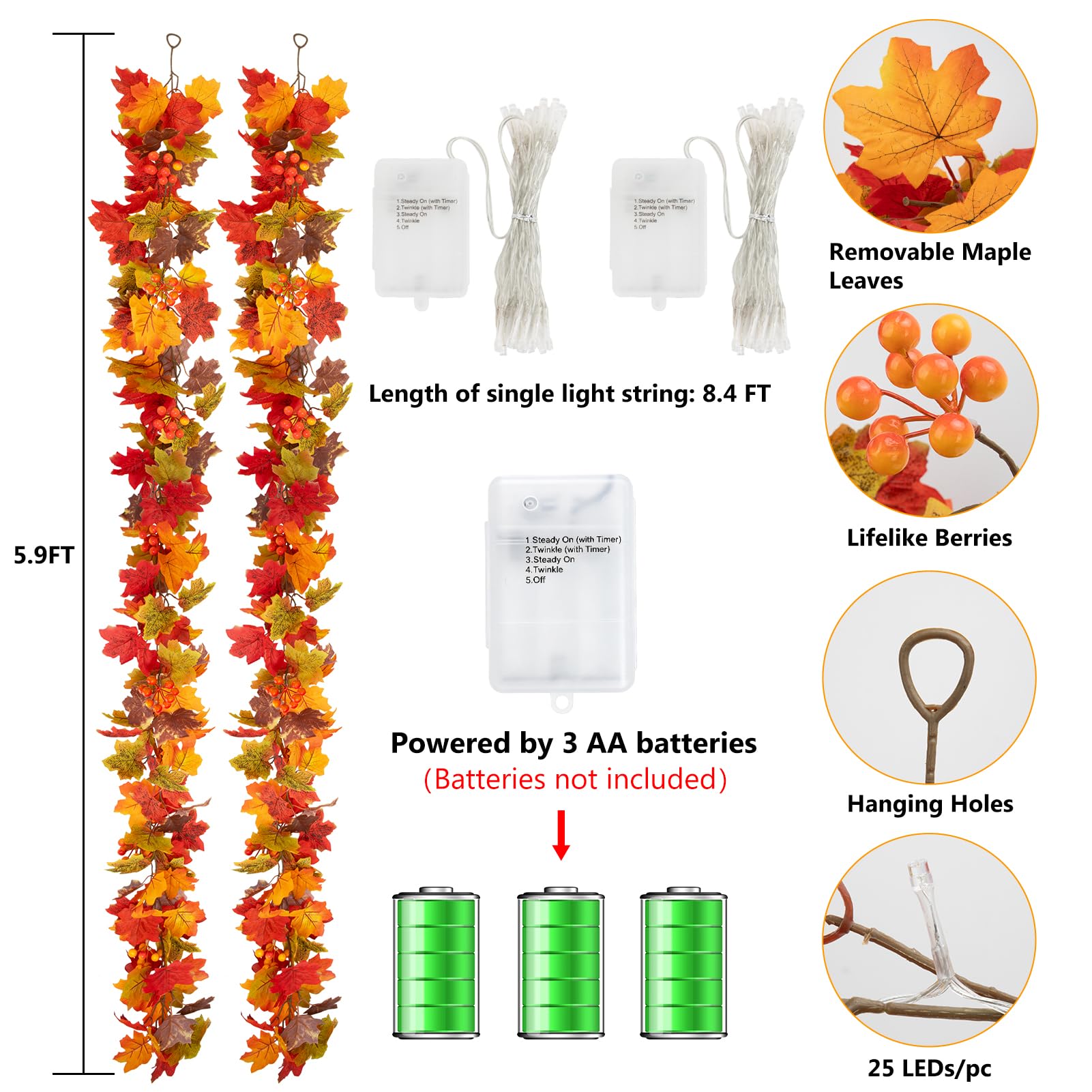 Paquete de 2 guirnaldas de otoño con luces en total de 12 pies con