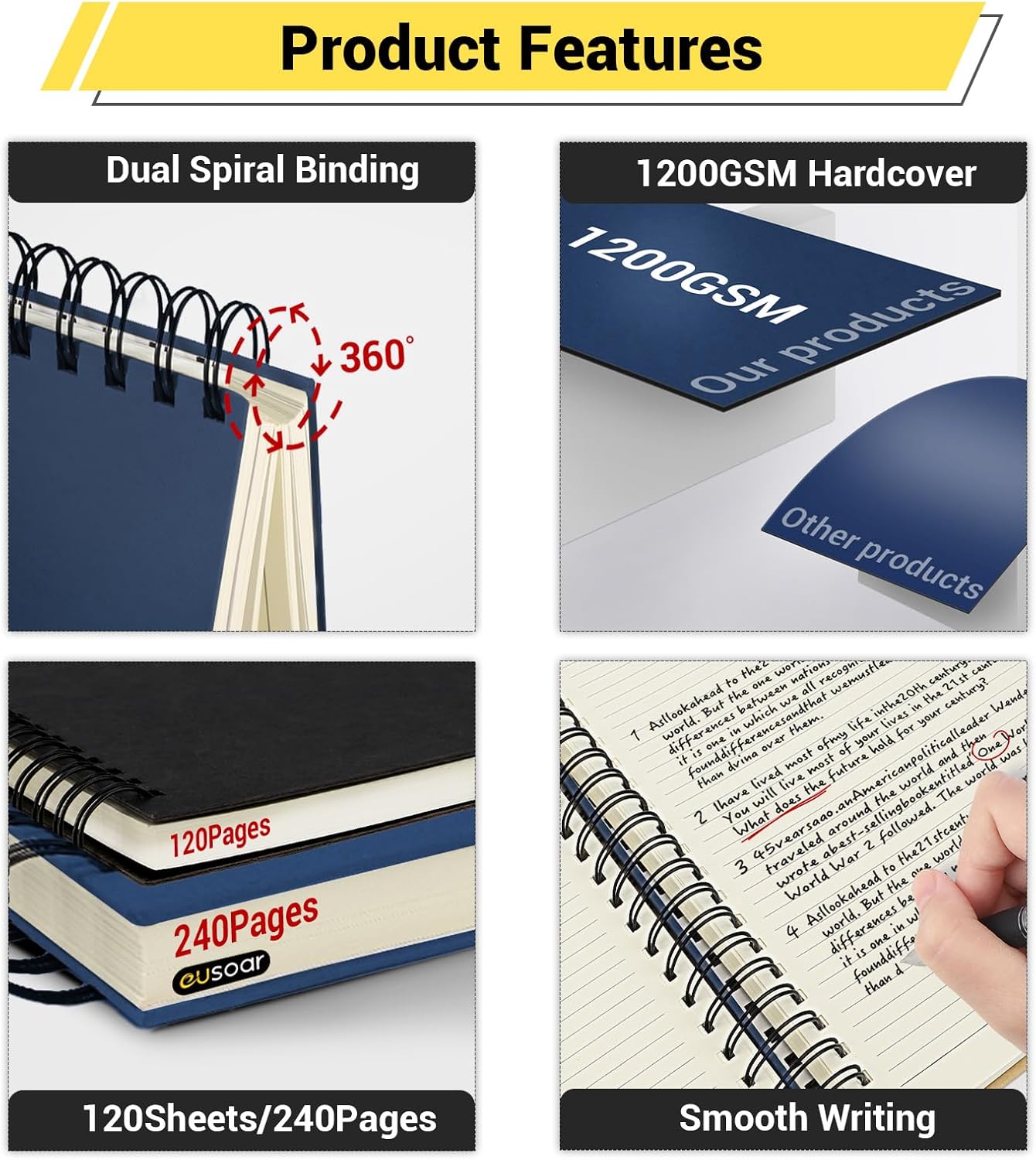 EUSOAR Hardcover Journal, 3 Pack A4 8.3"x11.2" Hard Cover Spiral Notebooks College Ruled, 240 Pages Thick Paper Blue Notebook Writing Pads for Women Men DIY Note Taking School Business Work Office