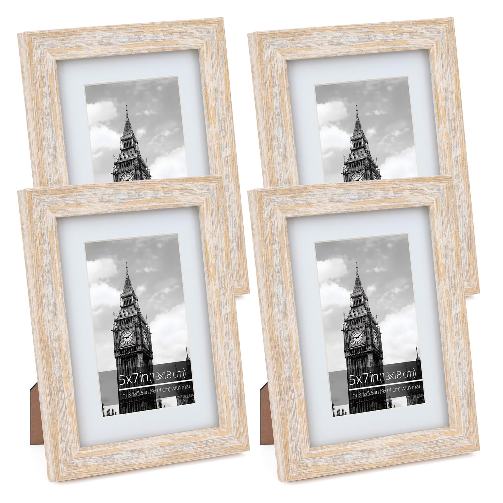 Eitida 5x7 inch Picture Frame Set, Distressed White Washed Straight Molding, Matted for 3.5x5.5 Photos, Arts or Prints, Real Glass Front, 4 Pack