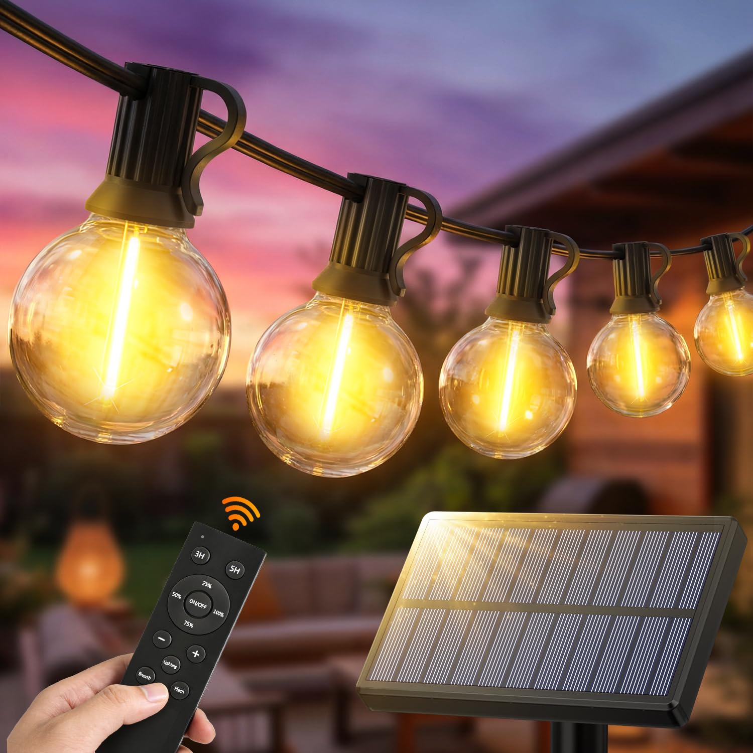 Solar Fernbedienung Lichterkette LED Aussen - 15M 50FT G40 LED Outdoor Solarlichterkette 3 Modi mit Wetterfest G40 Glühbirne IP44 Wasserdich Aussen Lichterketten für Balkon Garten Pavillon Terrasse