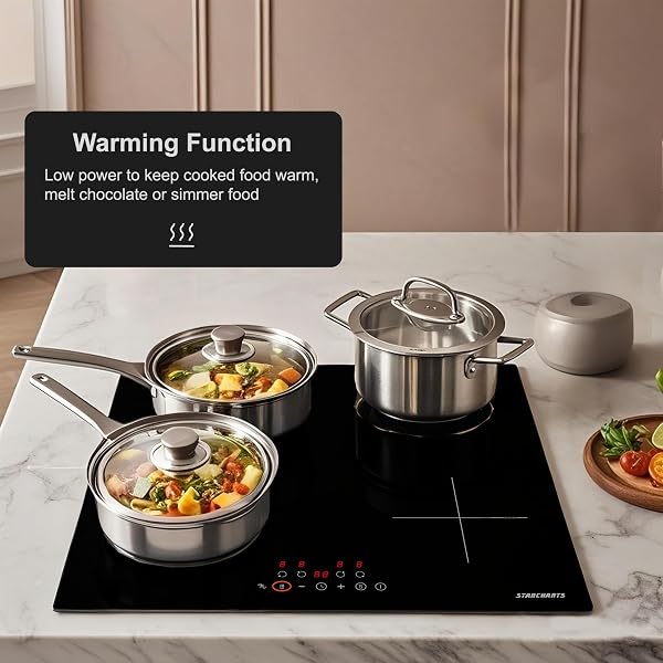 STARCHARTS Plug in Electric Induction Hob with Italian ILVA Glass, 13amp Plug and Play, Built in 4 Zone Plug in Cooktops 3000W, Boost, Pause, Keep Warm, Child Lock, Matte Black, Fine Deco Style - 4