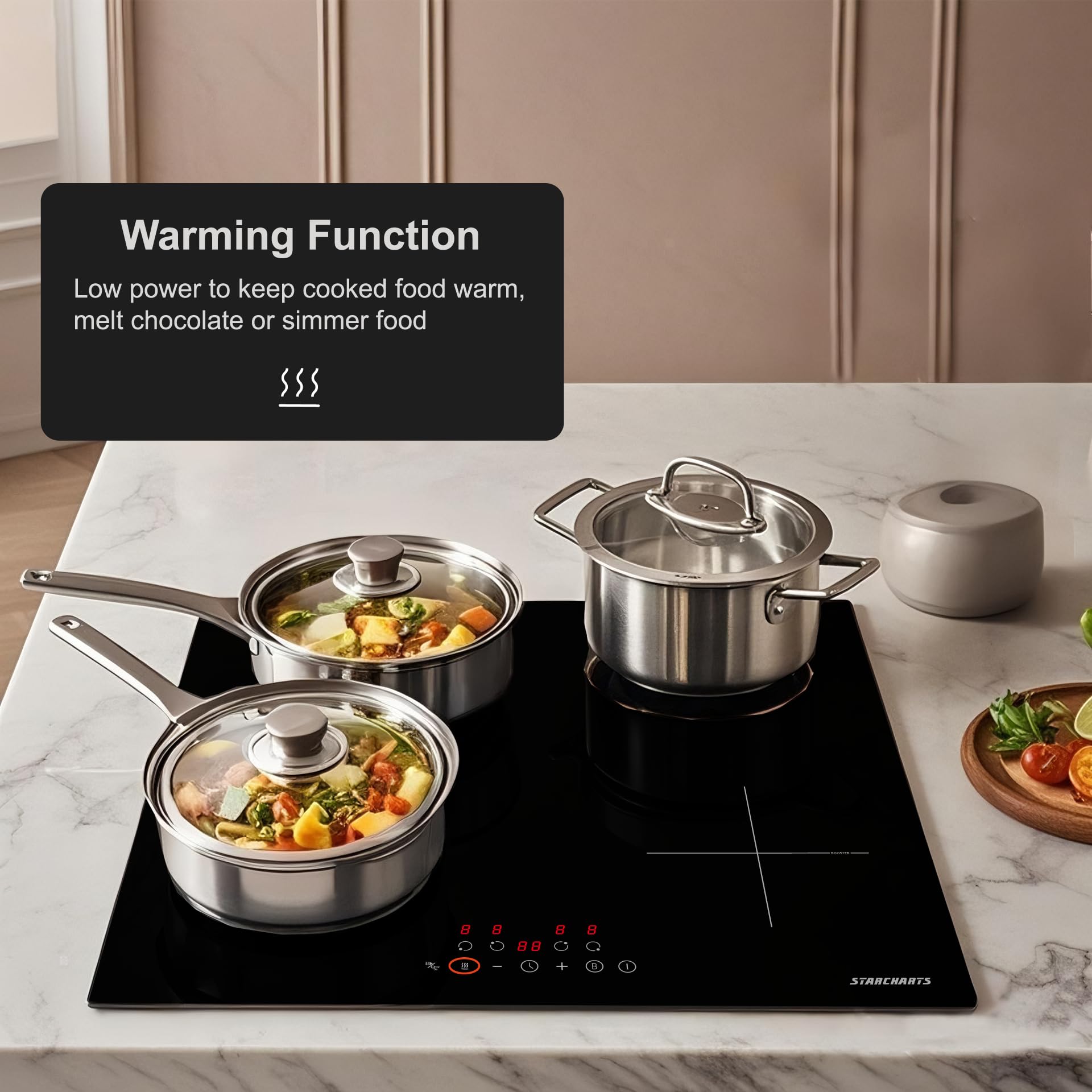 STARCHARTS Plug in Electric Induction Hob with Italian ILVA Glass, 13amp Plug and Play, Built in 4 Zone Plug in Cooktops 3000W, Boost, Pause, Keep Warm, Child Lock, Matte Black, Fine Deco Style — view 4