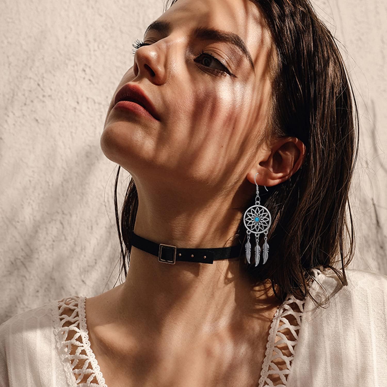 KaFu Woman Retro Silver BOHO Style Metal Dangle Drop Earrings Dream Catcher Statement Feather Dangle Tassels Turquoise Earrings for Women Girls - Image 3