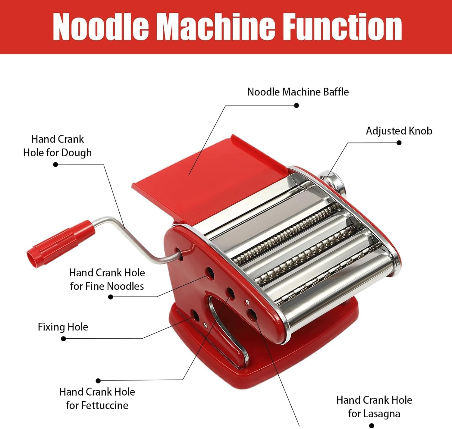 Pasta Maker Machine, Manual Noodle Maker with Suction Base Adjustable Thickness Stainless Steel Manual Roller Pasta Makers for Spaghetti, Fettuccine, Lasagna, Dumpling Skins (Red)