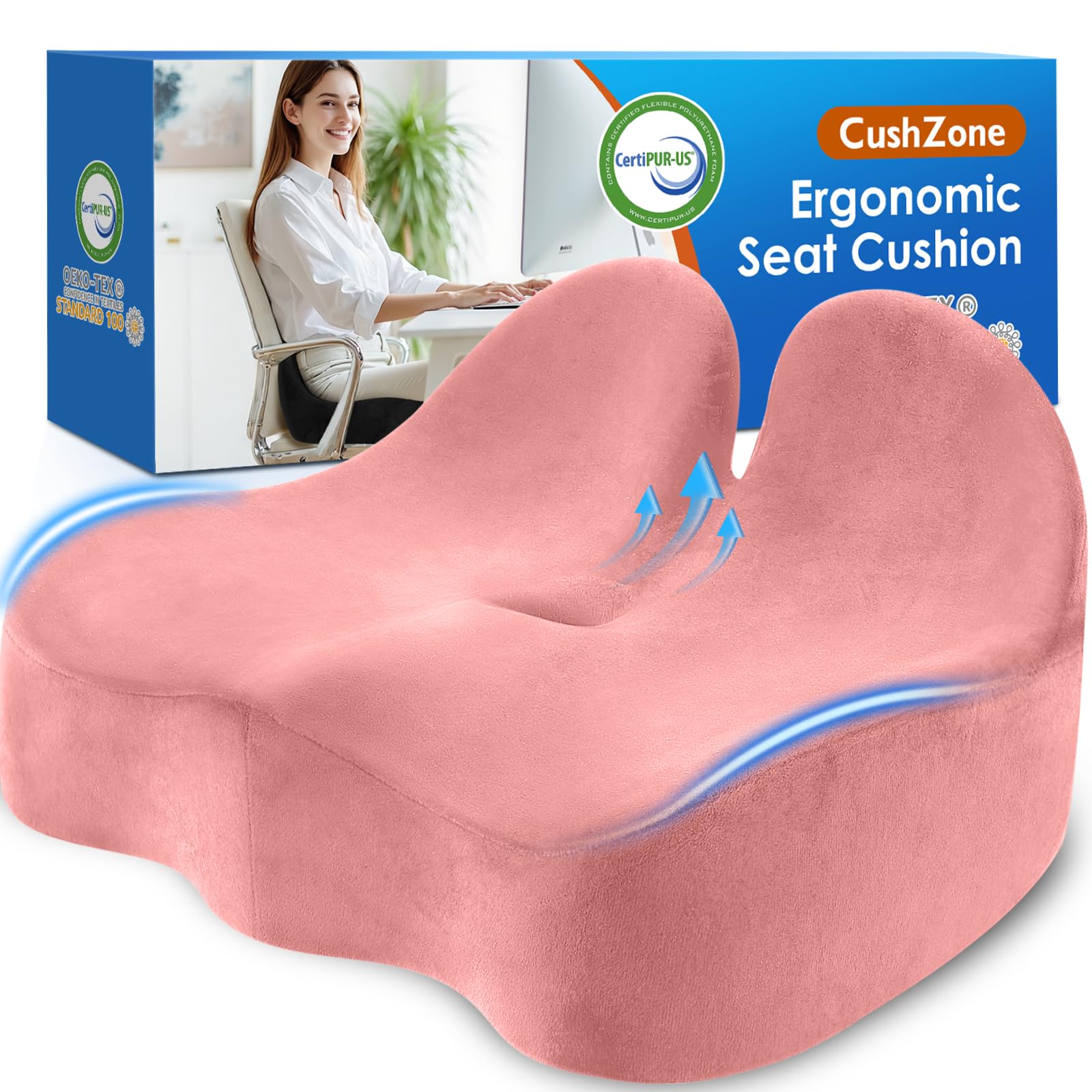 CushZone Ergonomic Seat Cushion, Sciatica Support for Office Chair, Pink