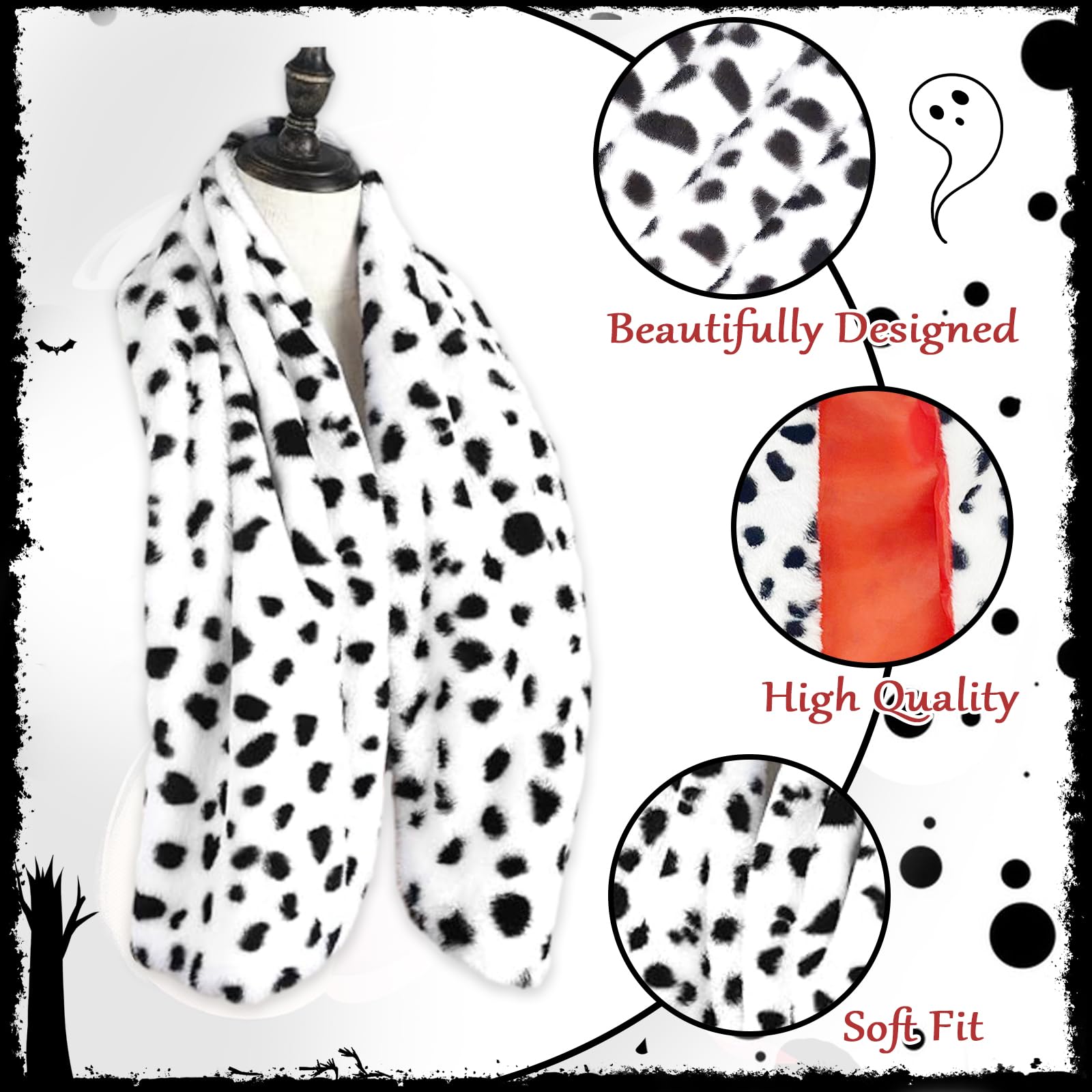 9 sztuk Cruella Zestaw cosplay dla kobiet, czarna i biała peruka, diabelski strój z peruką, maską, perłami, bransoletkami, rękawiczkami, szalikiem, papierosem i siatkowymi rajstopami na karnawał