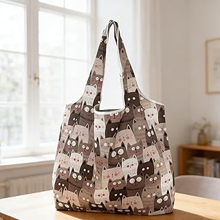 Reusable Shopping Bag for Grocery and Storage, Foldable Lightweight Polyester Tote Bag, Large Capacity Handbag, Suitable for Camping Travel and Everyday Use - Brown Cute Cat Print