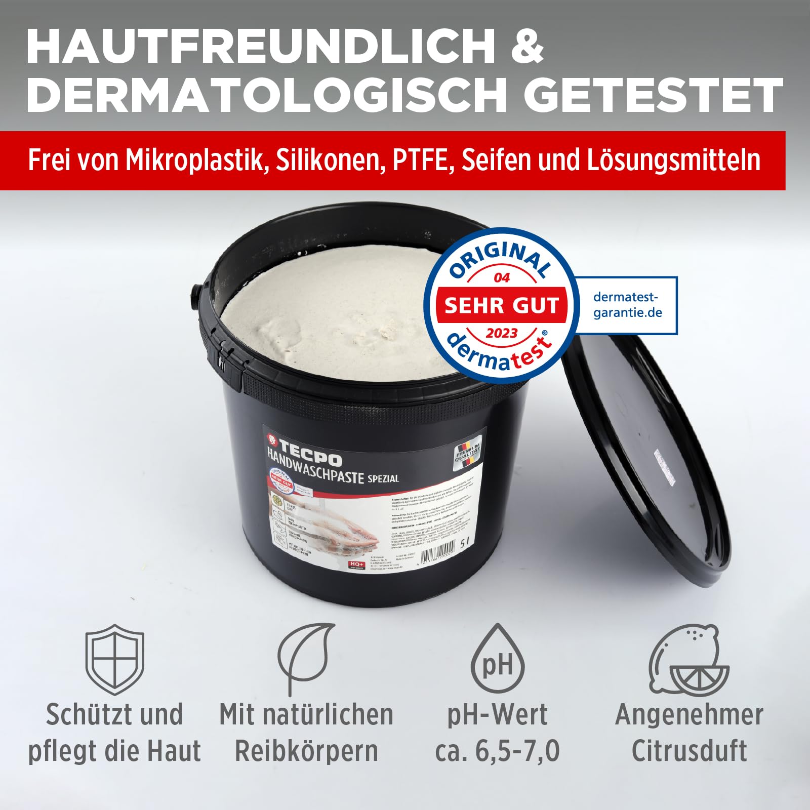 TECPO Handwaschpaste HQ+ 5 Liter Handreiniger Hautpflege Reinigungspaste hautschonend Reinigung Seife gegen starke hartnäckige Verschmutzungen wie Öl, Fett, Kfz und Werkstatt