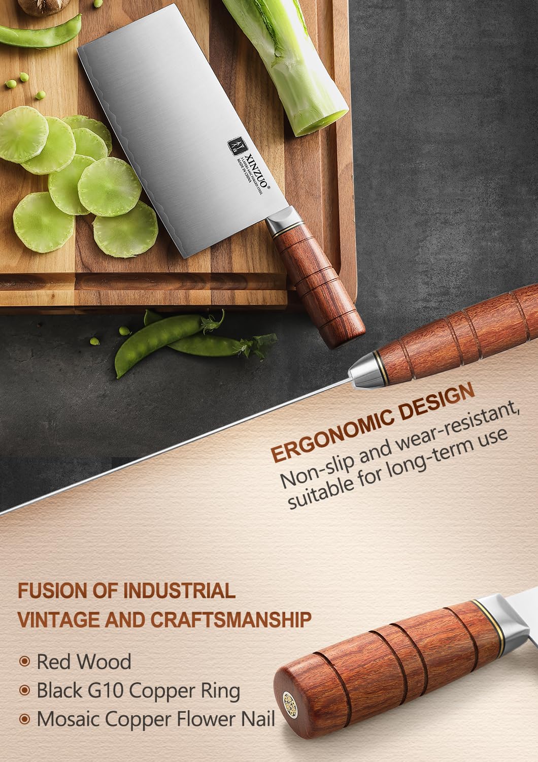 XINZUO Couperet Couteau Chef Chinois 18,8cm Acier Inoxydable Poignée Red Wood