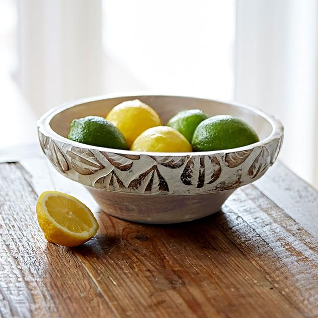 Paper High Antique White Leaf Design Mango Wood Fruit Bowl | Fair Trade | Hand Carved | Sustainable Wooden Bowls