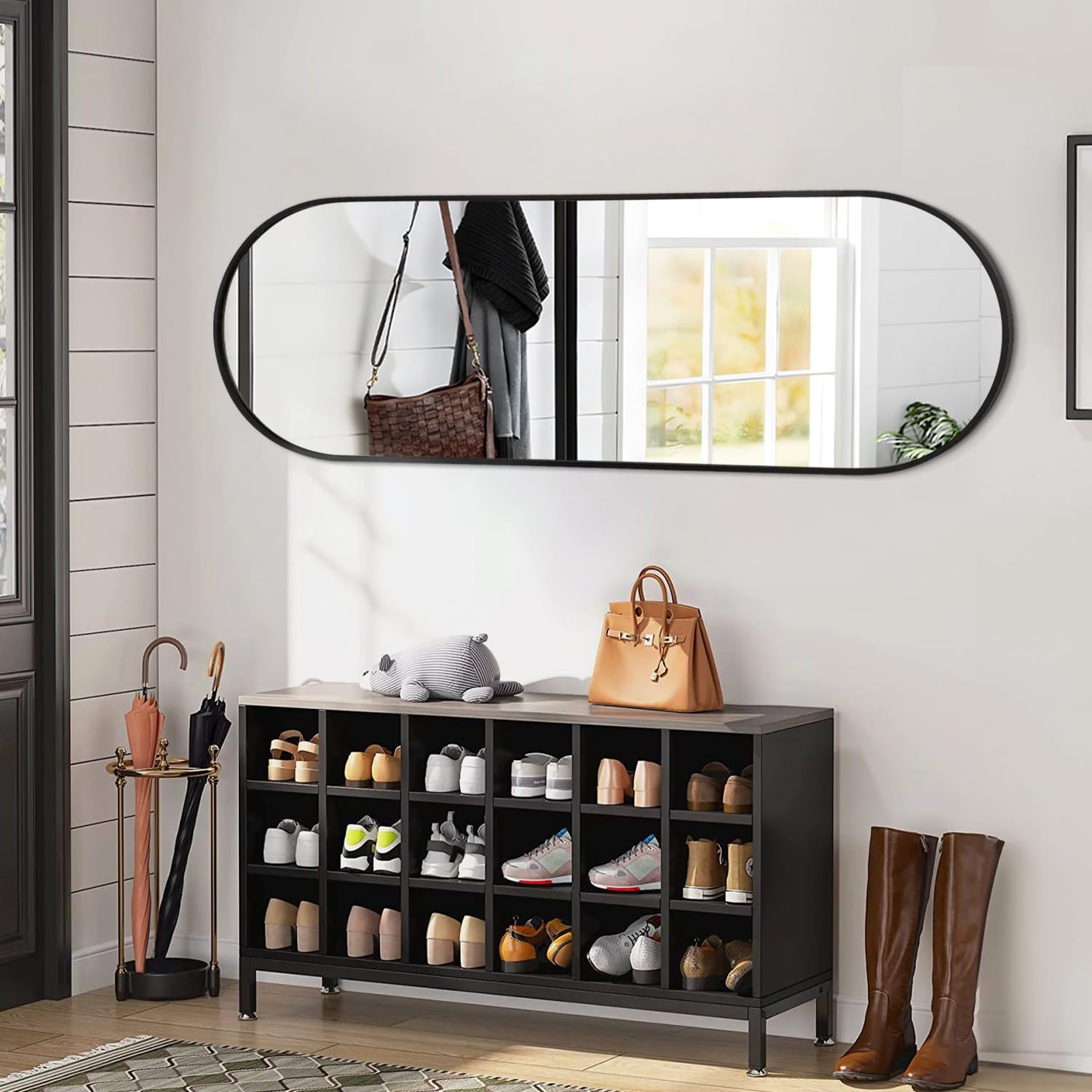 JJUUYOU Specchio da parete per bagno a figura intera, specchio ovale, cornice in metallo nero, specchio, 120 x 45 cm, opaco, camera da letto, toeletta, casa di campagna, vetro temperato inossidabile