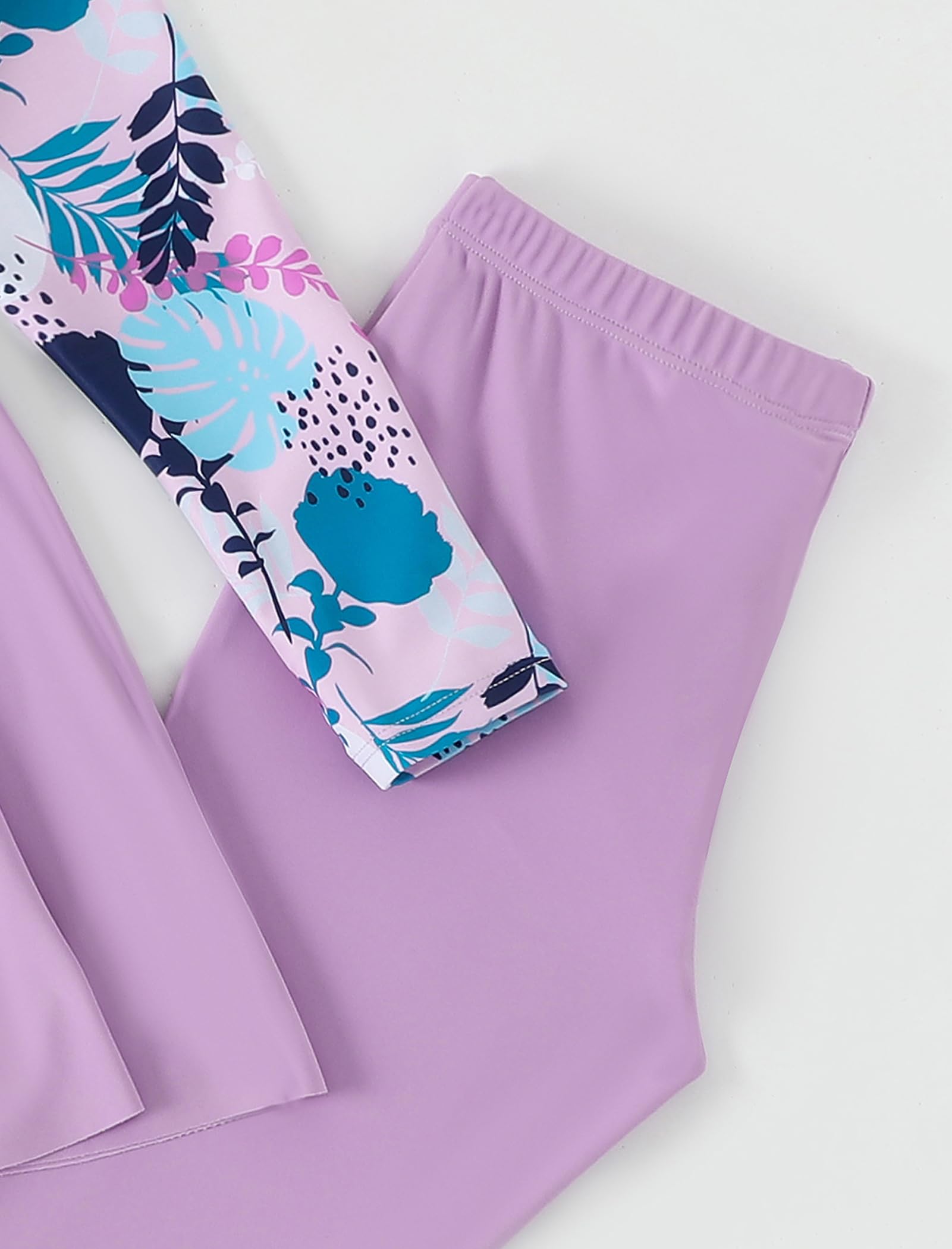 Rashguard-Badeanzug für Mädchen, langärmelig, geteilt, zweiteilig, für Kinder, muslimische Bademode, tropischer Druck
