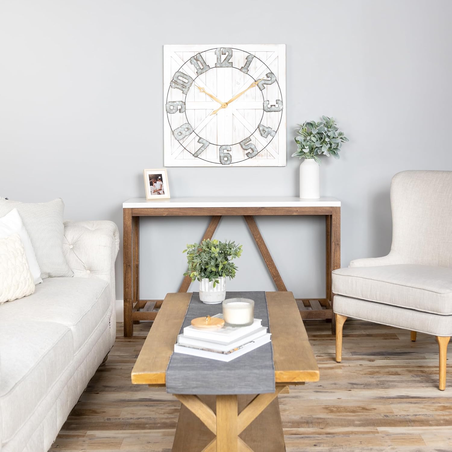 Stratton Home Décor S11545 Rustic Farmhouse Wall Clock, 31.50 W X 1.38 D X 31.50 H, Distressed White, Galvanized Metal, Gold, Black