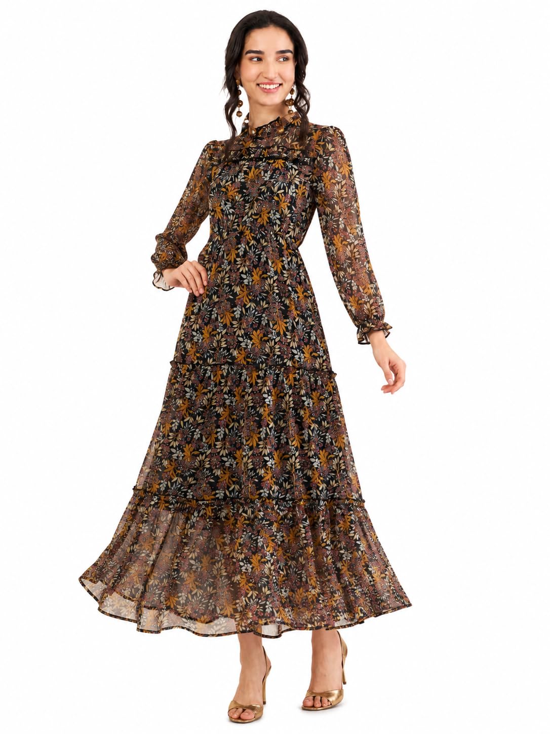 Women's Floral Print Maxi Dress, Long Sleeve, Tiered, Ruffle High Neck-picture-18