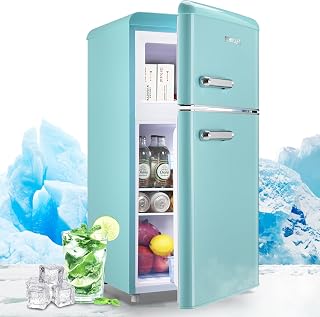 DEMULLER Refrigerator Dual Door Fridge with Removable Glass Shelves Led Light Full Size for Home, Kitchen Blue