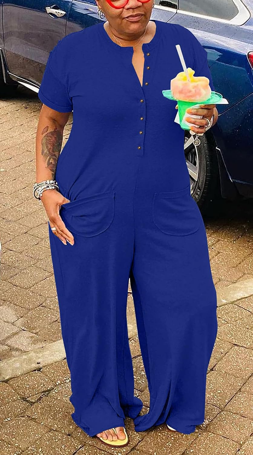 YeGine Plus Size Women Short Sleeve Loose Jumpsuit Casual Rompers One Piece Button Up Wide Leg Jumpsuits - Image 2