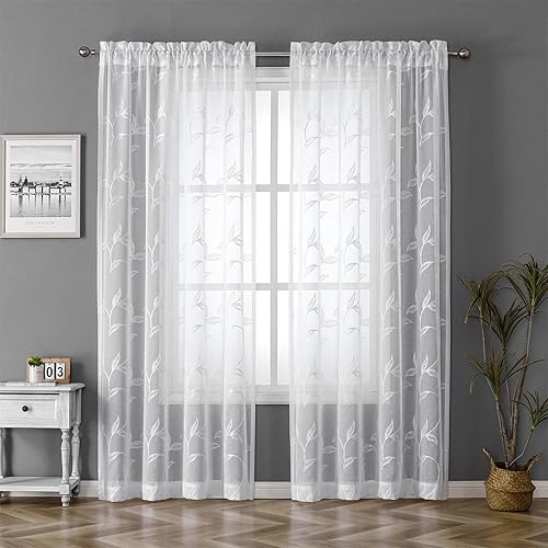 Miniatura 2 de VISIONTEX Cortinas traslúcidas blancas de 84 pulgadas de largo, juego de 2 paneles bordados con patrón de hojas florales y bolsillo para barra,