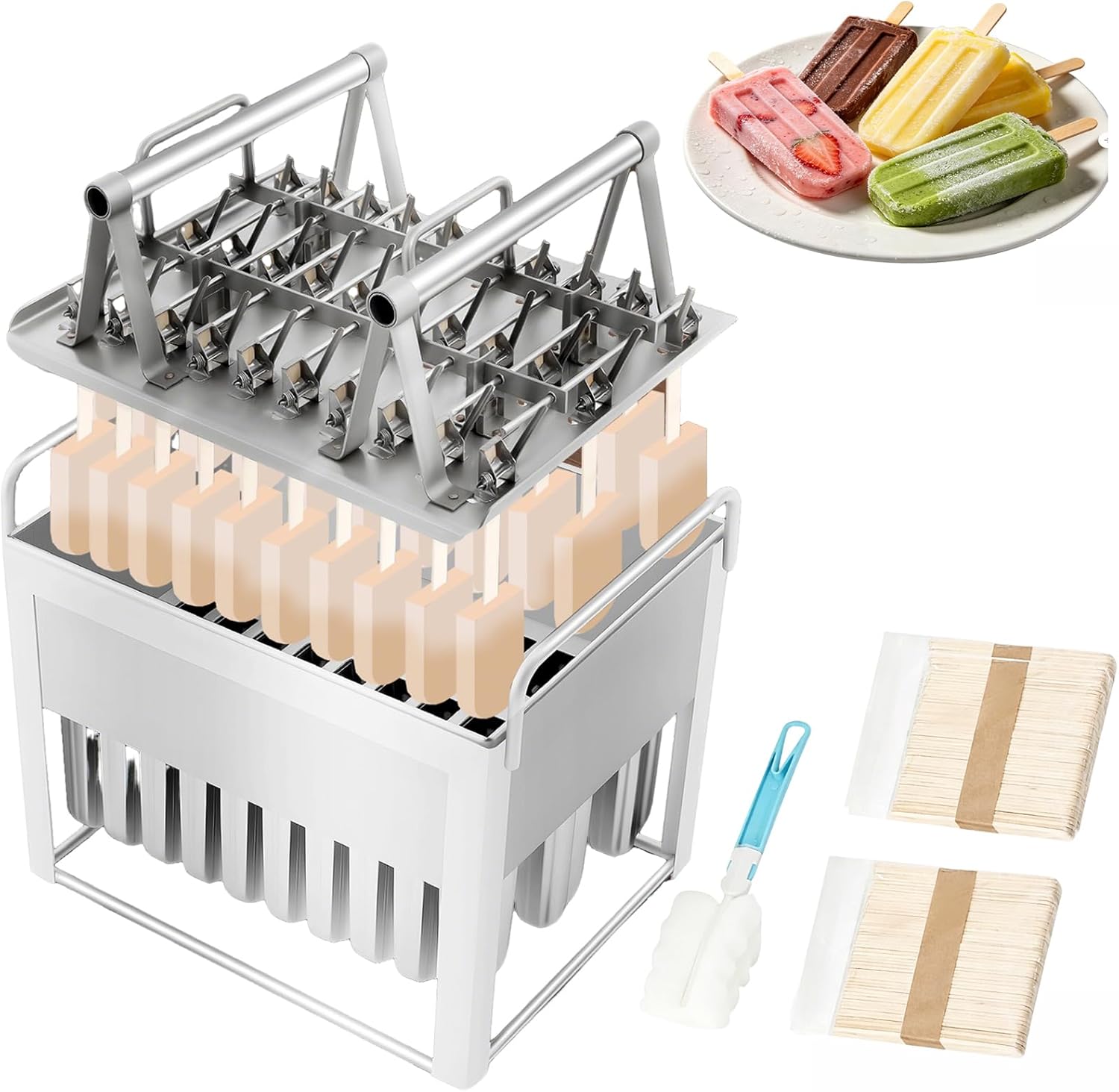 30PCS Ice Lolly Molds Kit, 0.25LBS Stainless Steel Ice Pop Molds, Seamless Welding Process Commercial Ice Pop Molds W/2 Pack Sticks, 1brush Homemade Healthy Cake Bars
