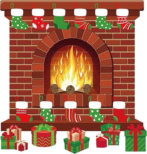 Miniatura 10 de 66 piezas de decoración de pared de Navidad con chimenea grande de temporada, decoración de tablón de anuncios de Navidad, diseño de fondo
