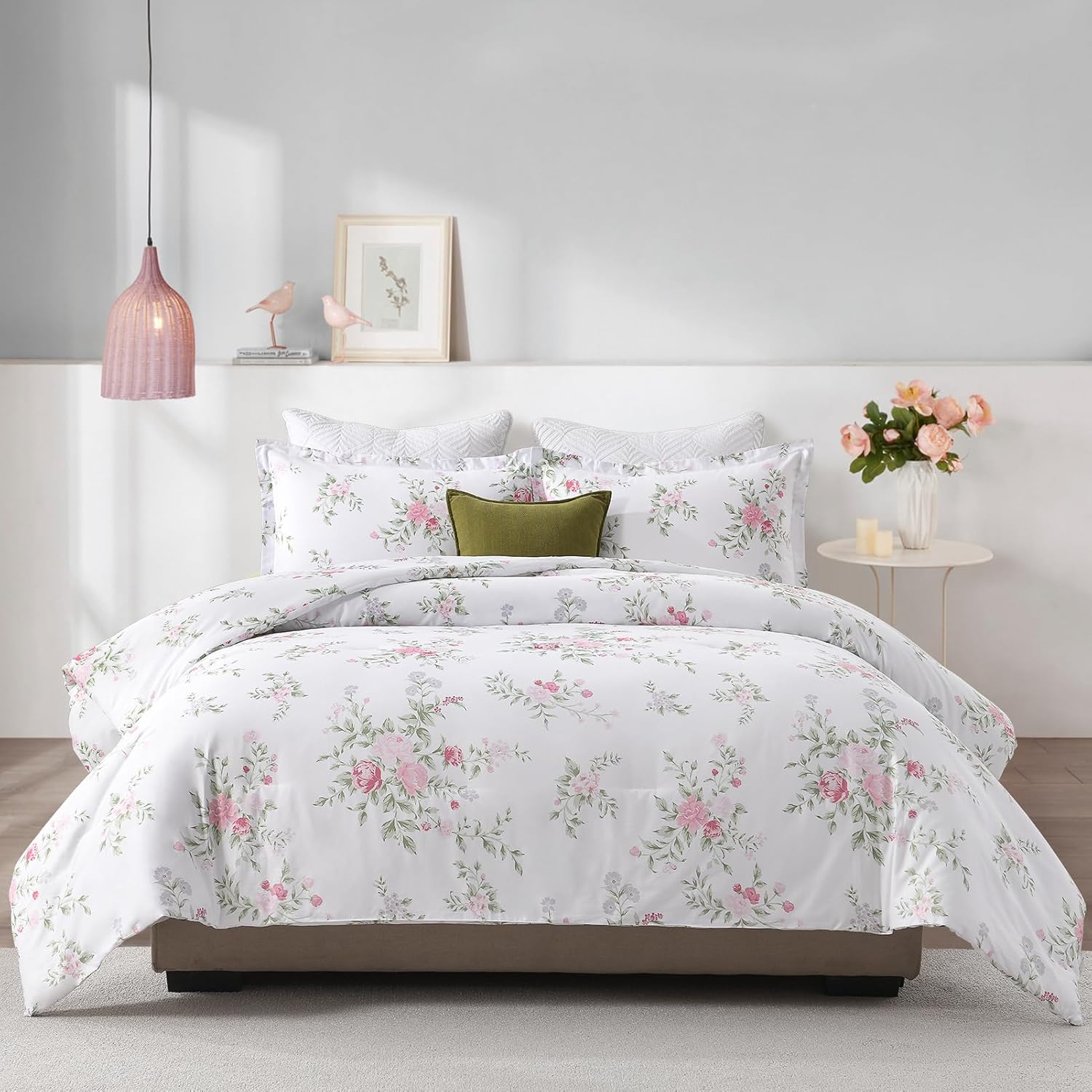 Floral Queen Comforter Set - Cotton Fluffy Queen Size Comforters Bedding Sets, Lightweight Soft Quilted Comforters Bed Set 3 Pieces with Pillow Shams, White/Pink