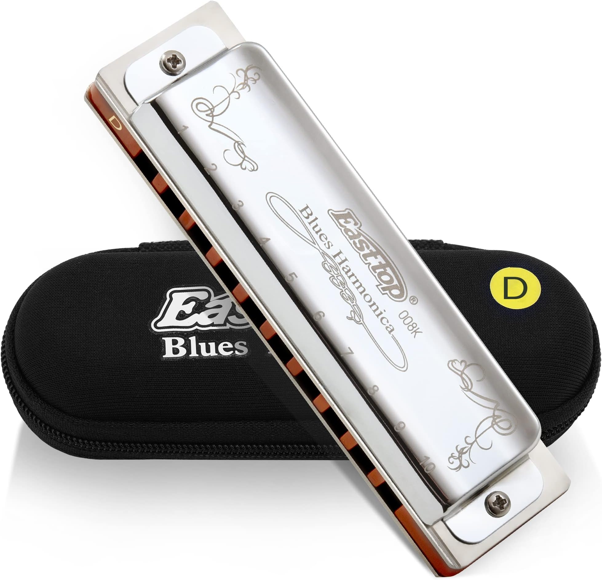 East top Diatonic Harmonica Key of D 10 Holes 20 Tones 008K Blues Diatonic Mouth Organ Harmonica with Silver Cover, Standard Harmonicas For Adults, Professionals and Students