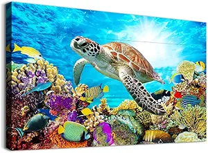 Family Canvas Wall Art - Sea Turtles & Blue Ocean - 16x24 Inch - For Bedroom, Living Room, Kitchen & Office