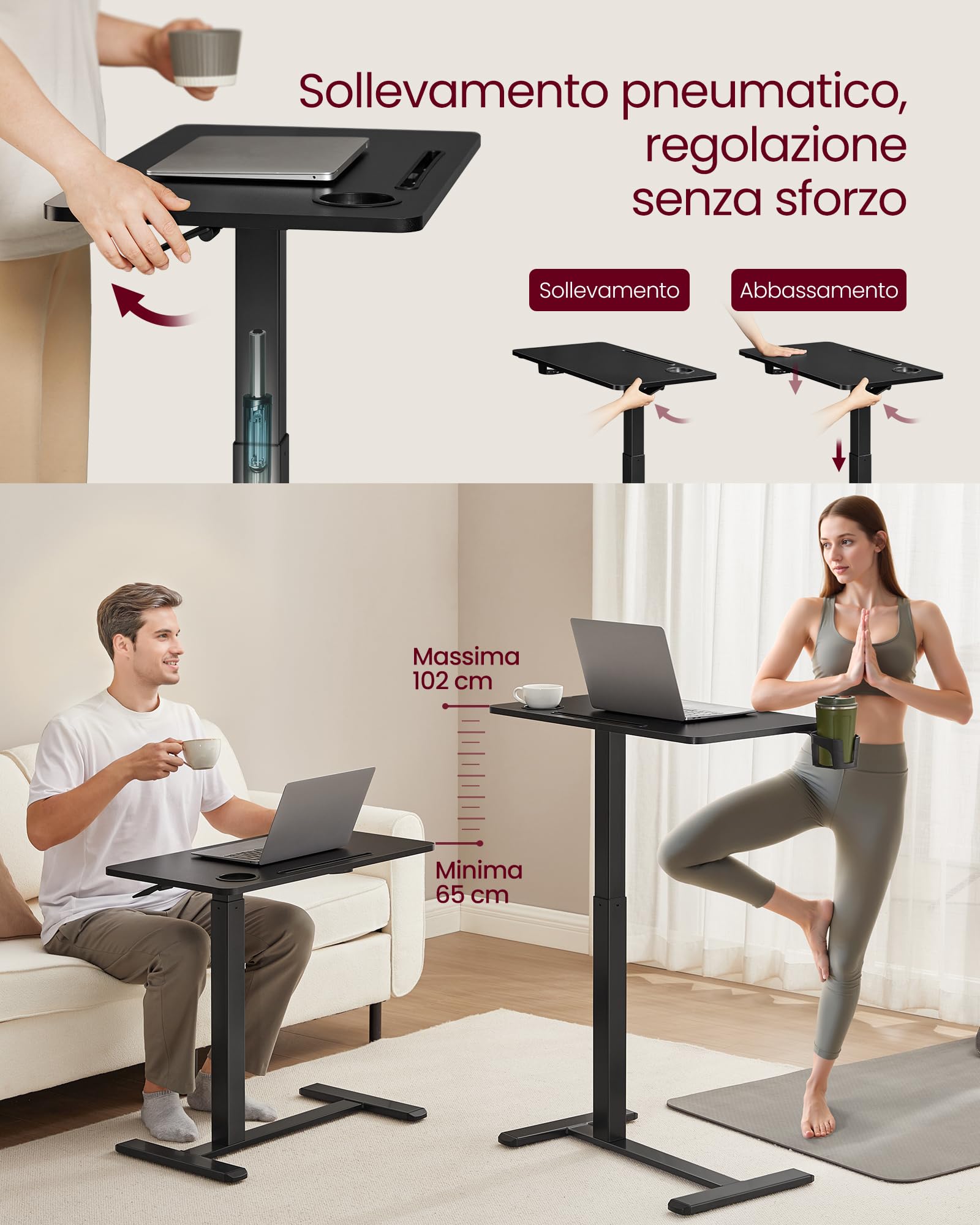 VASAGLE Scrivania con Ruote, Tavolino con Rotelle, Piano 70 x 40 cm, Regolabile in Altezza, 2 Portabicchieri, Slot per Cellulare o Tablet, Nero Inchiostro LSD600B01