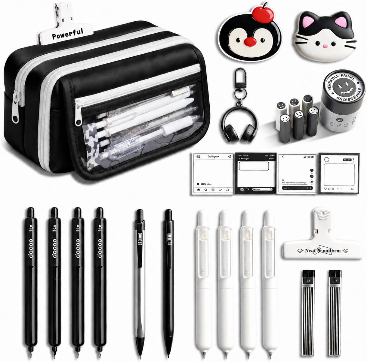 Large Capacity Black Pencil Case with Compartments, Big Aesthetic Pouch Organizer for School Supplies. Cute Preppy Stationery Bag for College Students, University Essentials Back to School Gifts