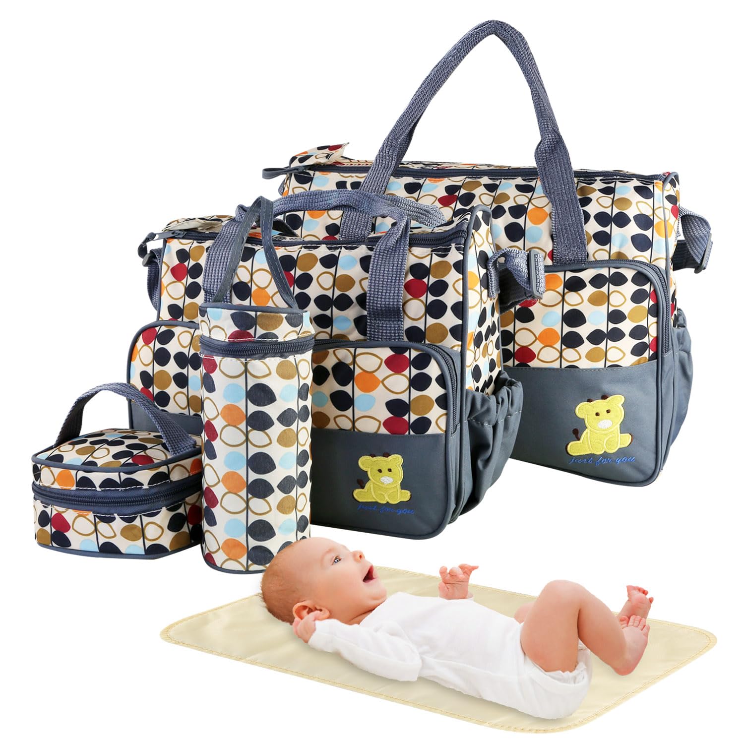 TeqHome 5PCS Baby Diaper Bag Set, baby nappy Handbag with Shoulder Strap, Portable Diaper Changing Bag for Mom Dad (Grey)