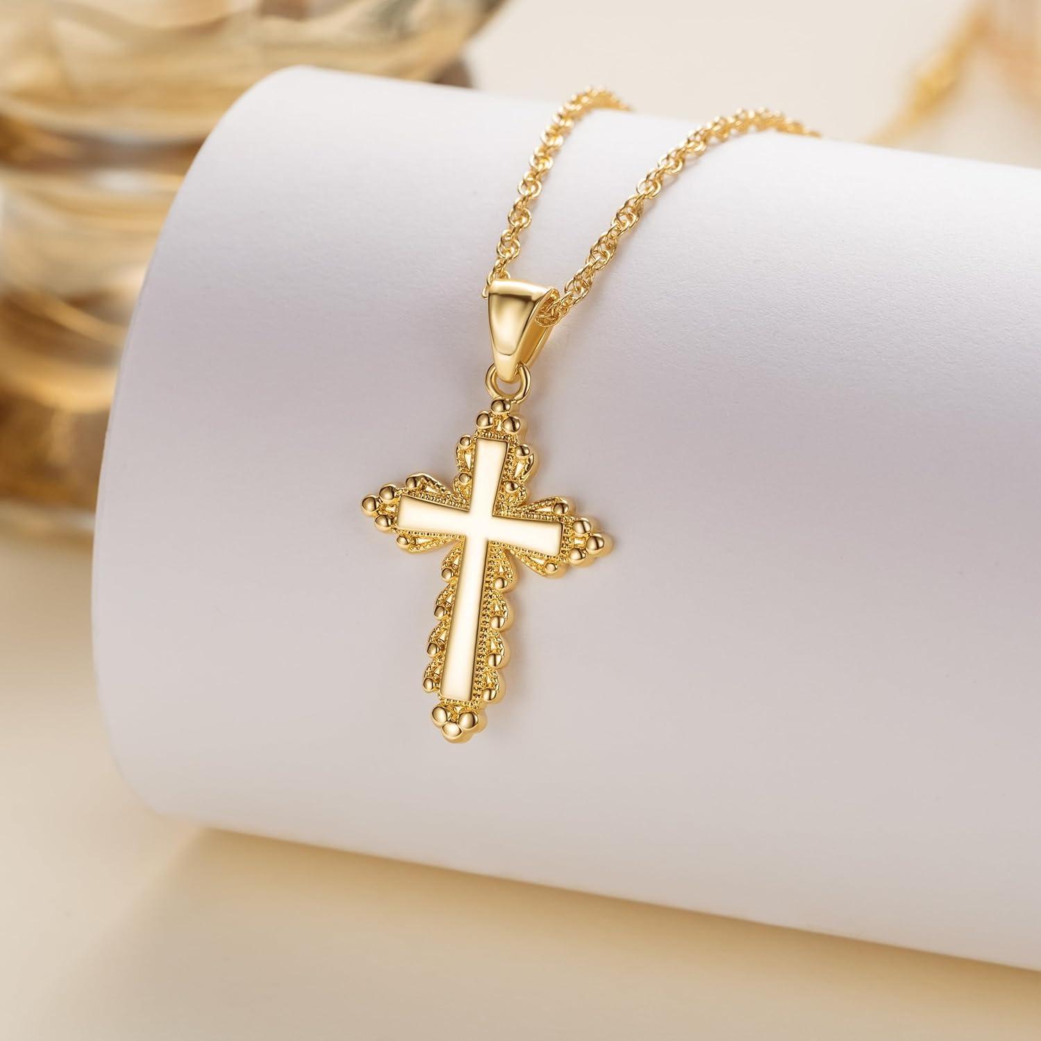Gold Cross Necklaces for Women 14K Gold Cross Necklace for Women Crosses Pendant Necklaces for Womens Chain Gorgeous Lacework Type Design Crosses Necklace for Womens - Image 7