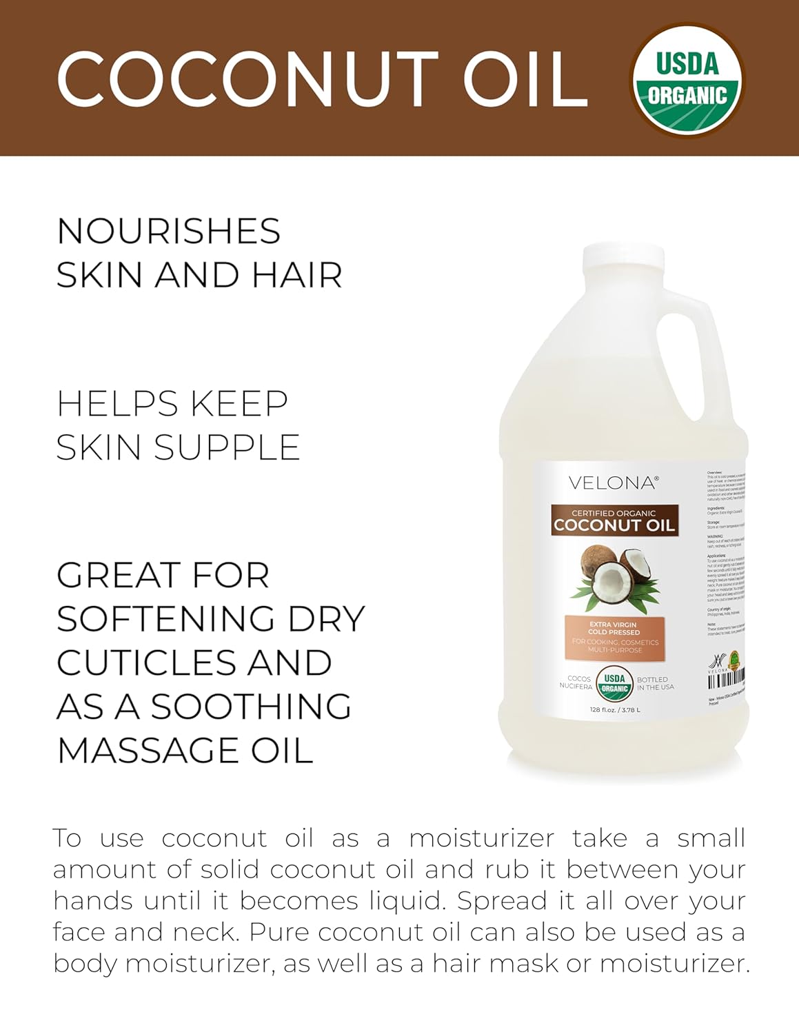 Velona USDA Certified Organic Coconut Oil Extra Virgin - 1 Gallon / 128 Fl Oz | Food and Cosmetic Grade | in jar | Extra Virgin, Cold-Pressed